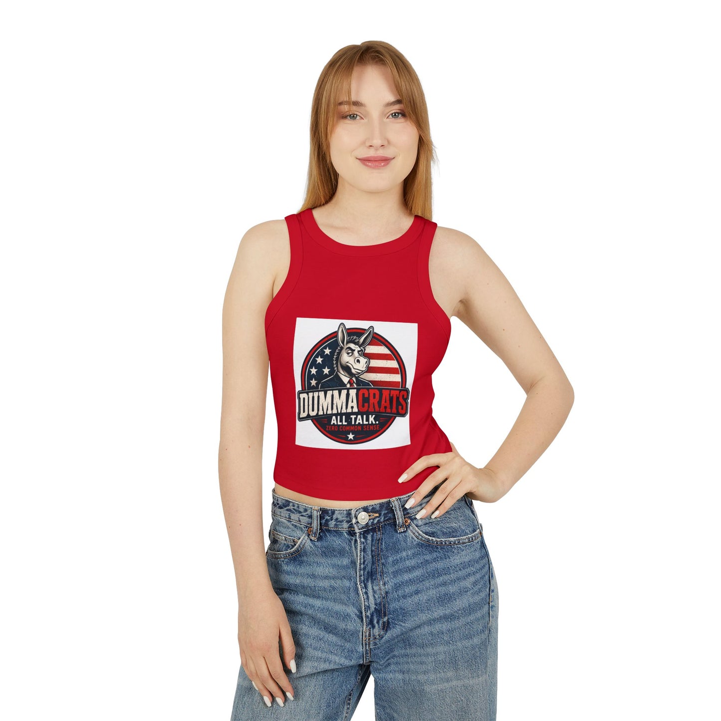 Dummacrats Graphic Racer Tank Top – Patriotic Satire "All Talk" Crop