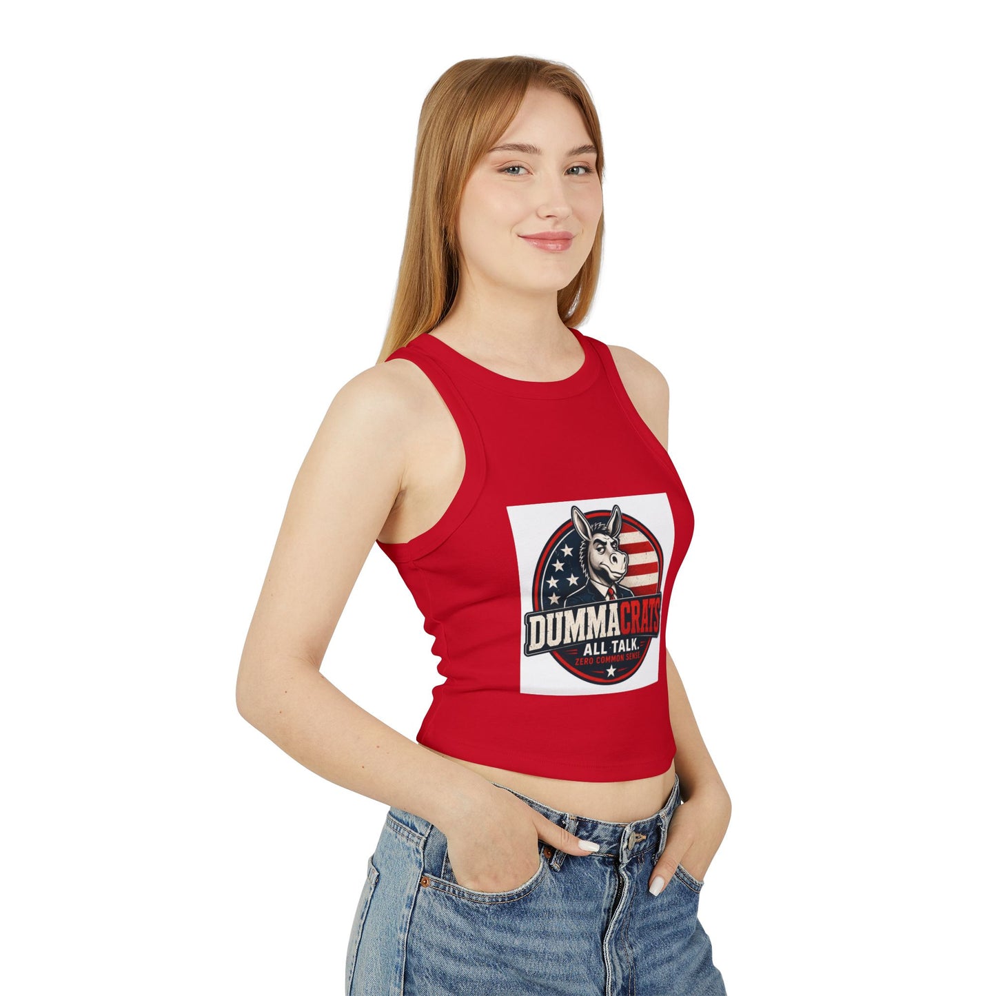 Dummacrats Graphic Racer Tank Top – Patriotic Satire "All Talk" Crop