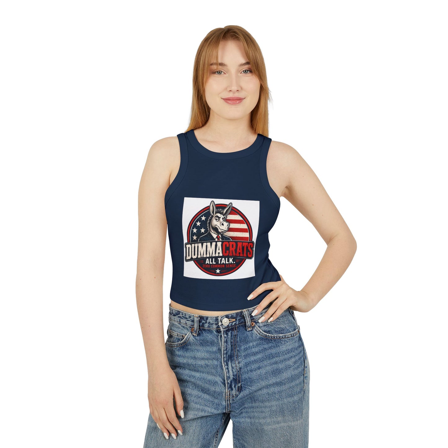 Dummacrats Graphic Racer Tank Top – Patriotic Satire "All Talk" Crop