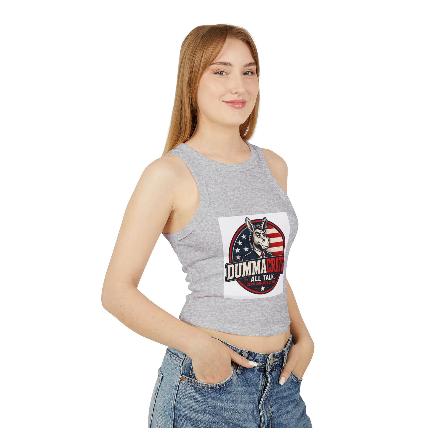 Dummacrats Graphic Racer Tank Top – Patriotic Satire "All Talk" Crop