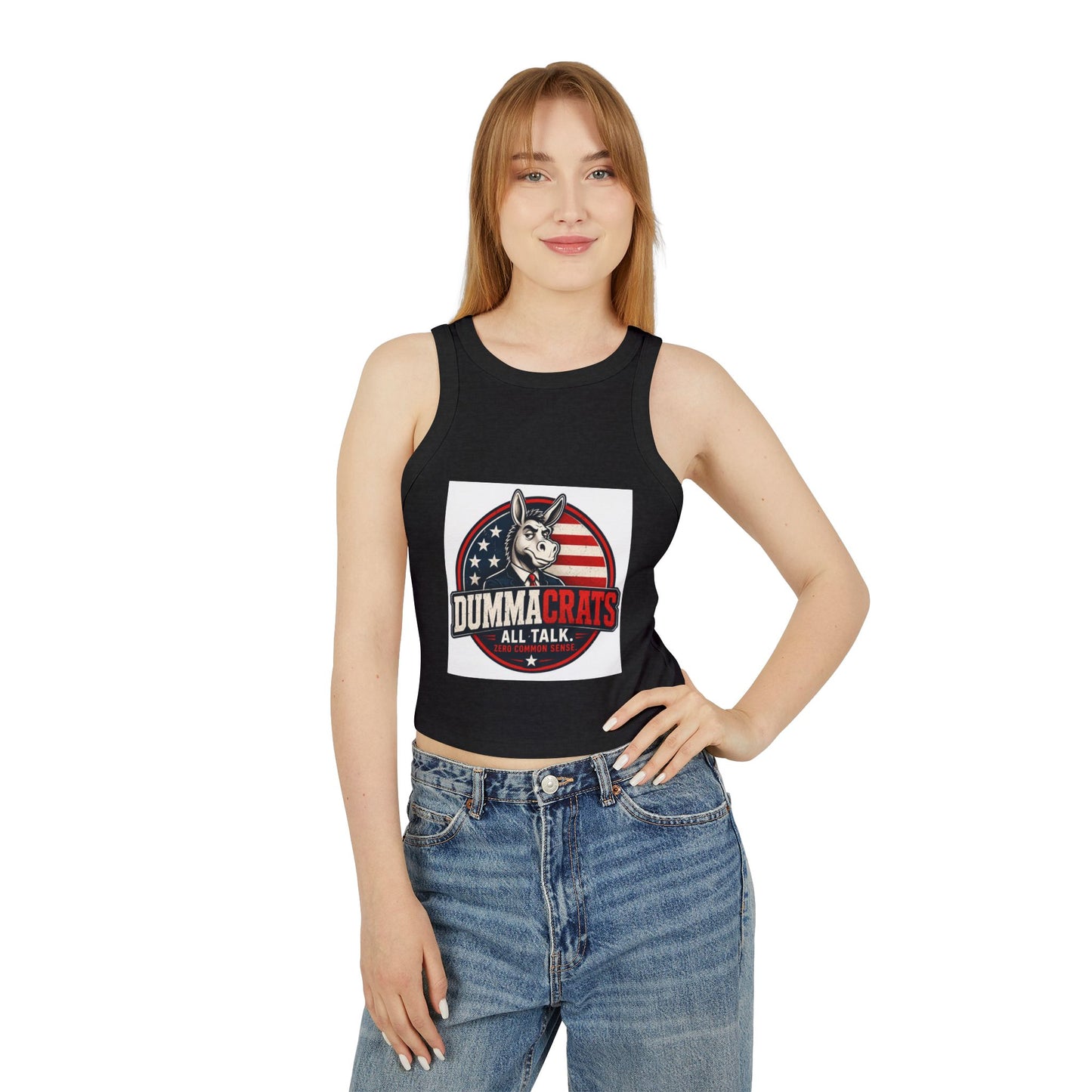 Dummacrats Graphic Racer Tank Top – Patriotic Satire "All Talk" Crop