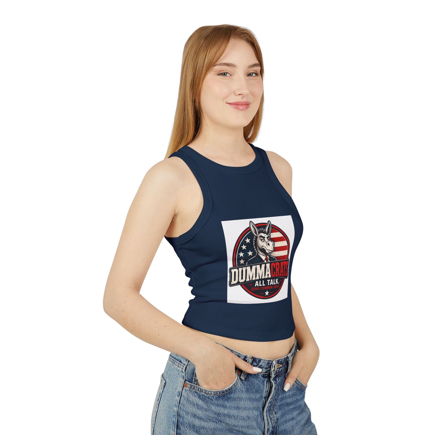 Dummacrats Graphic Racer Tank Top – Patriotic Satire "All Talk" Crop