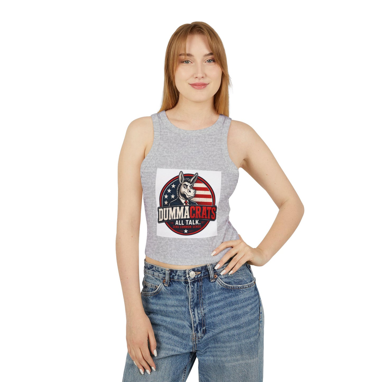Dummacrats Graphic Racer Tank Top – Patriotic Satire "All Talk" Crop