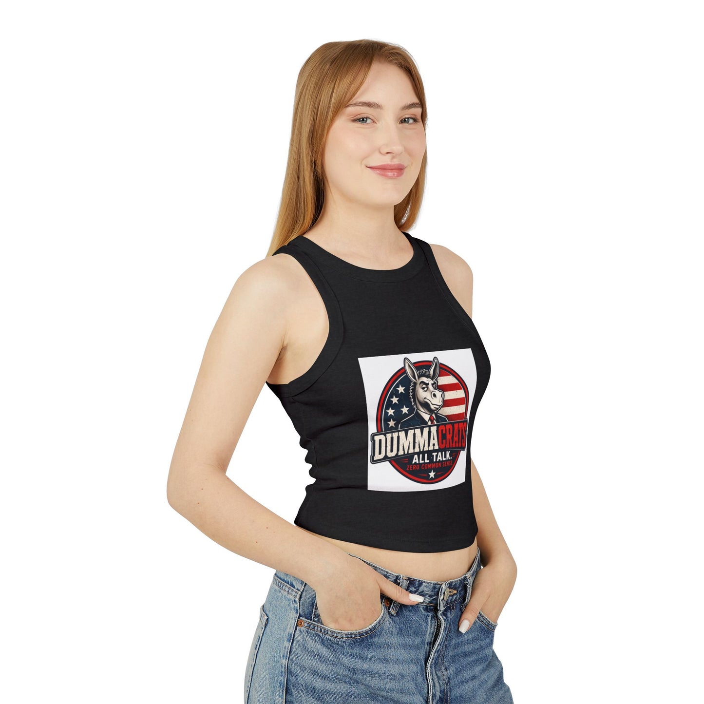 Dummacrats Graphic Racer Tank Top – Patriotic Satire "All Talk" Crop