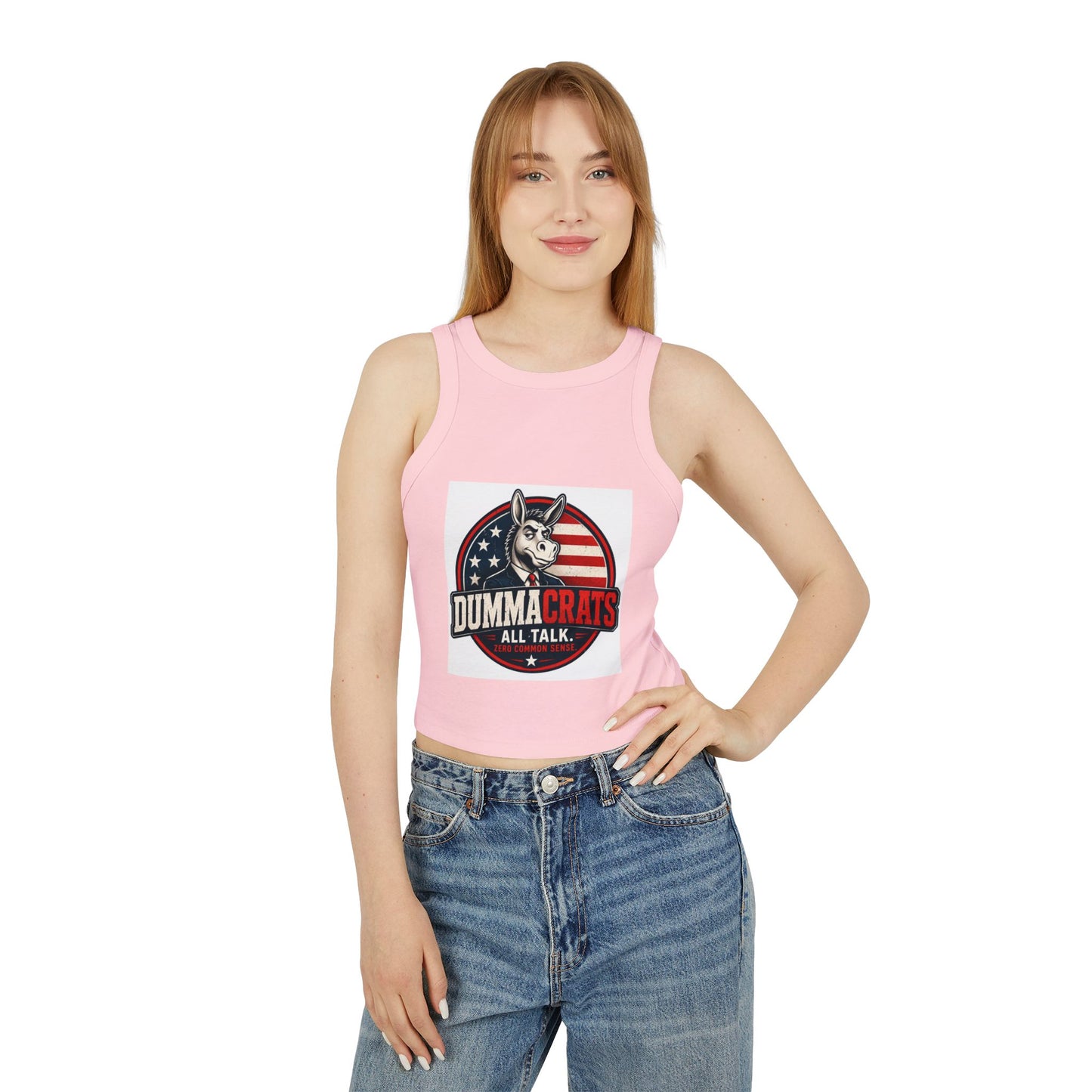 Dummacrats Graphic Racer Tank Top – Patriotic Satire "All Talk" Crop