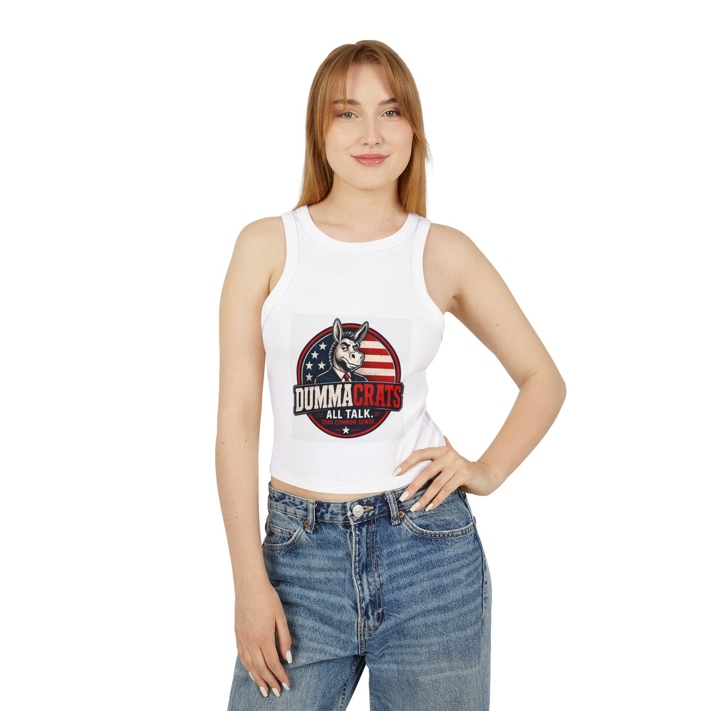 Dummacrats Graphic Racer Tank Top – Patriotic Satire "All Talk" Crop